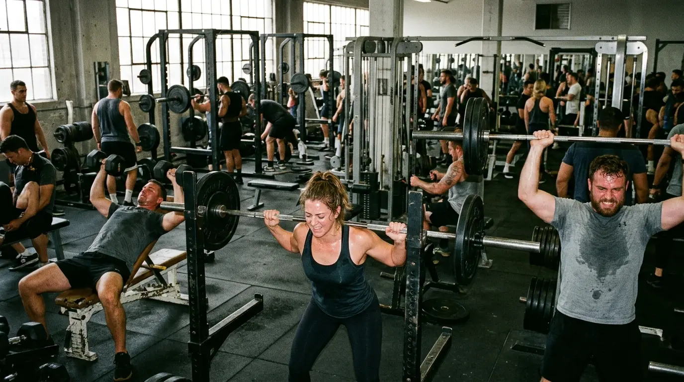 La sala de musculación en un horario cargado, con varias personas levantando al mismo tiempo.